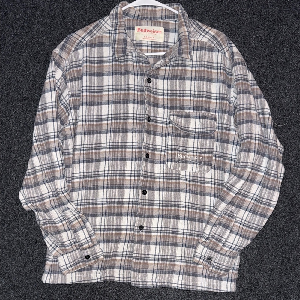 Budweiser Pacsun Gray and White Plaid LS Medium